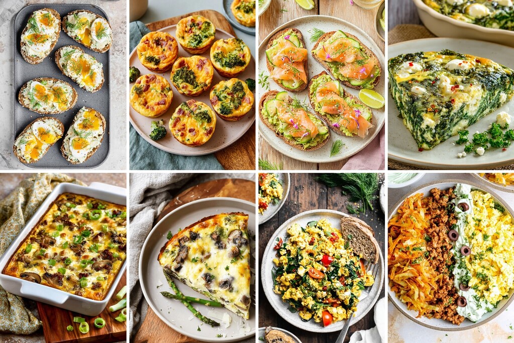 Collage of diabetes-friendly breakfast ideas including egg bites, avocado toast, frittata, and savory bowls