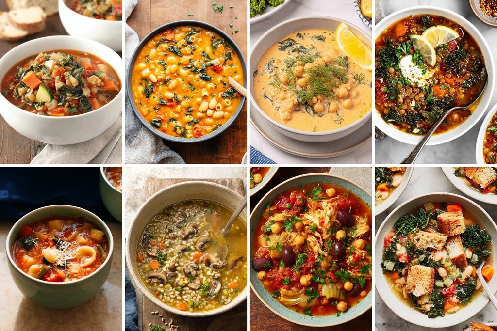 Collage of hearty high-fiber soups with beans, vegetables, leafy greens, chickpeas, and herbs.