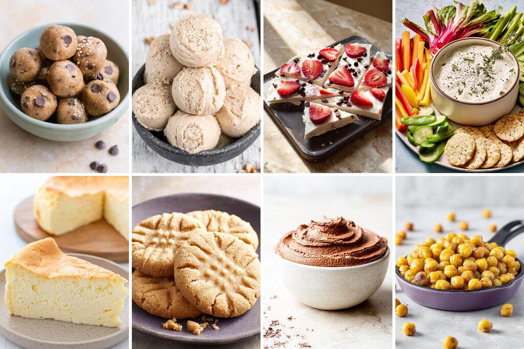 Assorted low-carb healthy late night snacks including protein balls, strawberry bark, veggie dip, cheesecake, cookies, and chickpeas