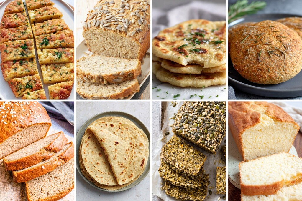 Collage of diabetic-friendly bread recipes with seeded loaves, flatbread, tortillas, and sliced quick breads.