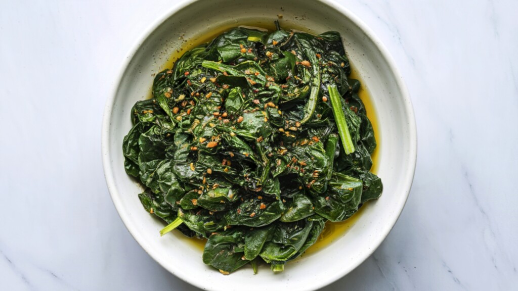 Bowl of cooked spinach with seasoning on a light marble surface.