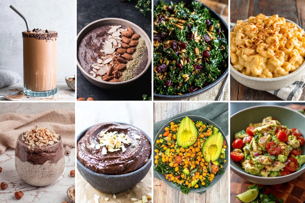Collage of high-fiber diabetes-friendly recipes including smoothies, chia pudding, leafy salads, and creamy pasta.