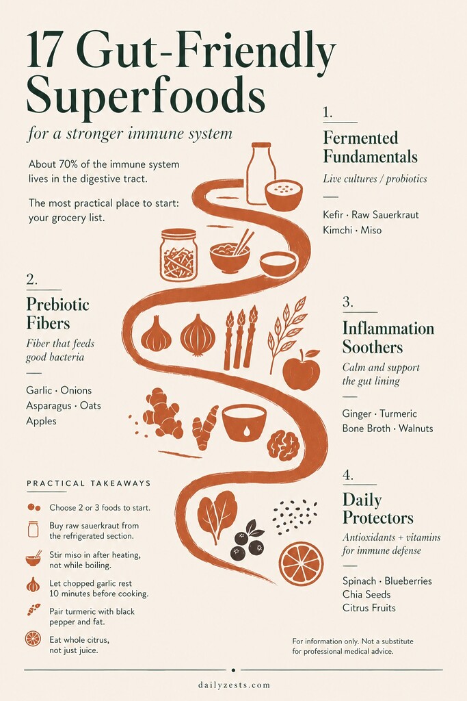 Editorial infographic summarizing 17 gut-friendly superfoods for immune support, grouped into fermented foods, prebiotic fibers, inflammation soothers, and daily protectors, with simple flat food illustrations and practical nutrition tips.