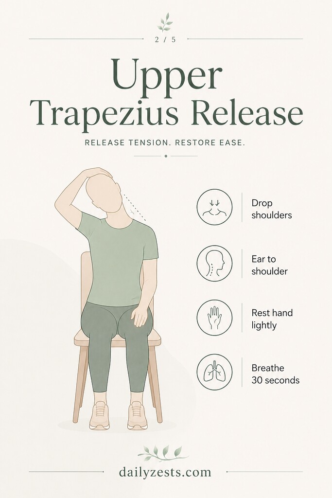  A seated person lowers one ear toward the shoulder for an upper trapezius neck stretch.