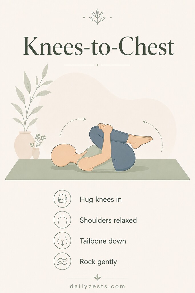 A faceless person lying on their back hugging both knees to the chest for a gentle yoga pose that supports digestion.
