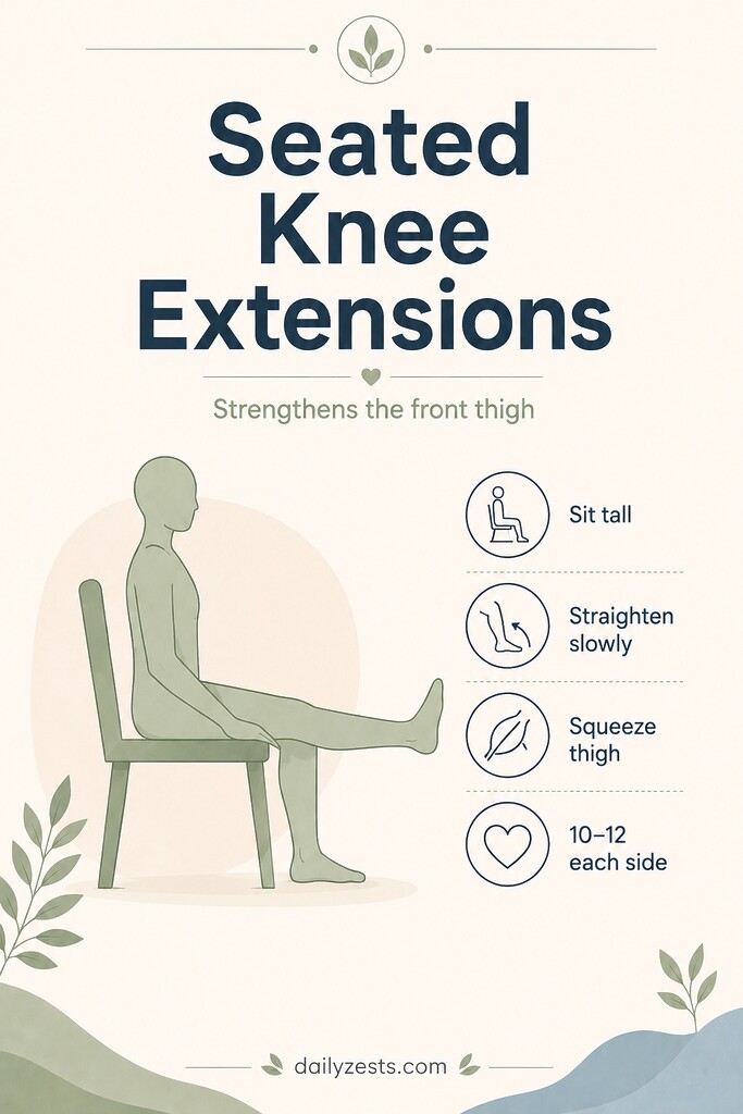 Person sitting upright in a chair extending one leg straight forward for seated knee extensions.