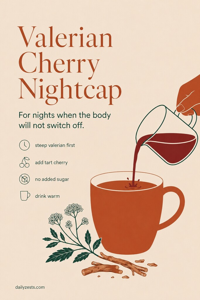 A cup of valerian root tea being mixed with tart cherry juice to make a stronger sleep-supporting herbal nightcap.