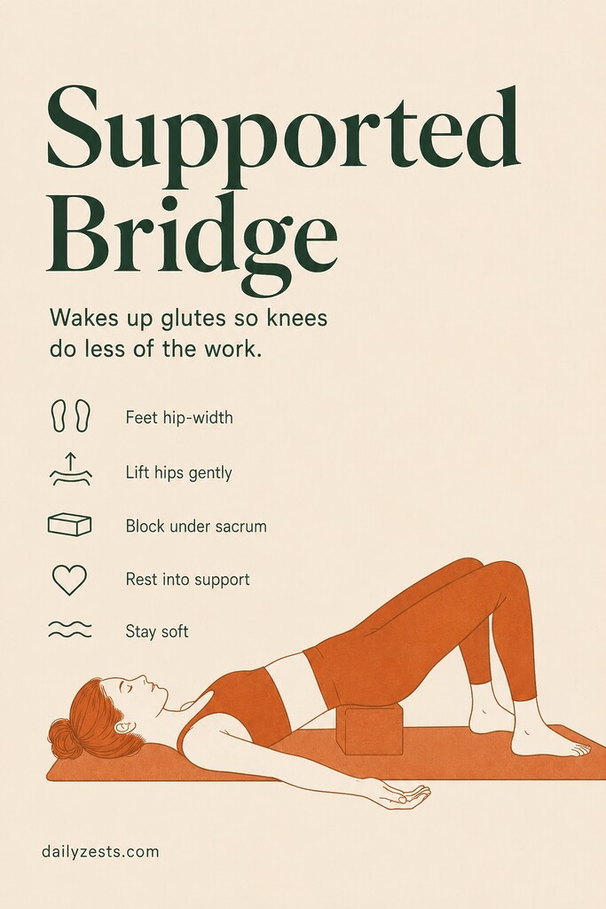 A person rests in supported bridge pose with a yoga block under the hips to gently activate the glutes and ease knee strain.