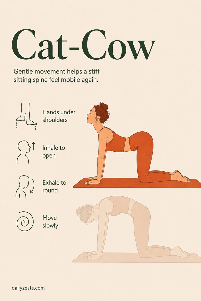 Person moving through Cat-Cow yoga on hands and knees, arching and rounding the spine to ease stiffness.