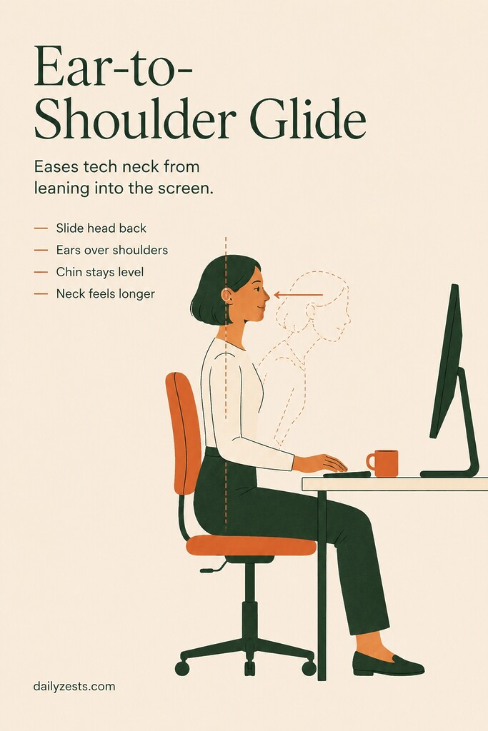 A side-view illustration of a person at a desk gliding their head back until the ear stacks over the shoulder to reduce tech neck posture.