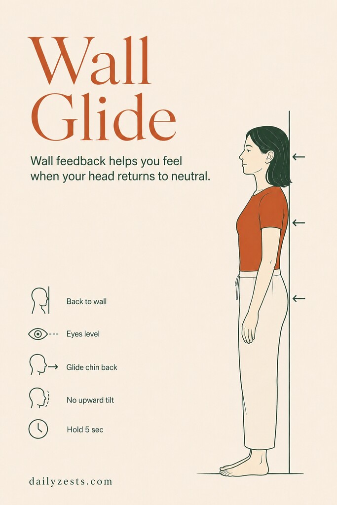 Woman seated against a wall gliding her chin straight backward to improve neck posture and head alignment.