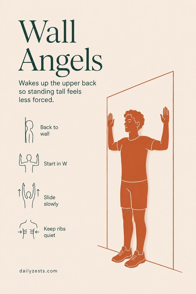 A person stands against a wall doing wall angels, sliding their arms upward from a W shape to activate the upper back.