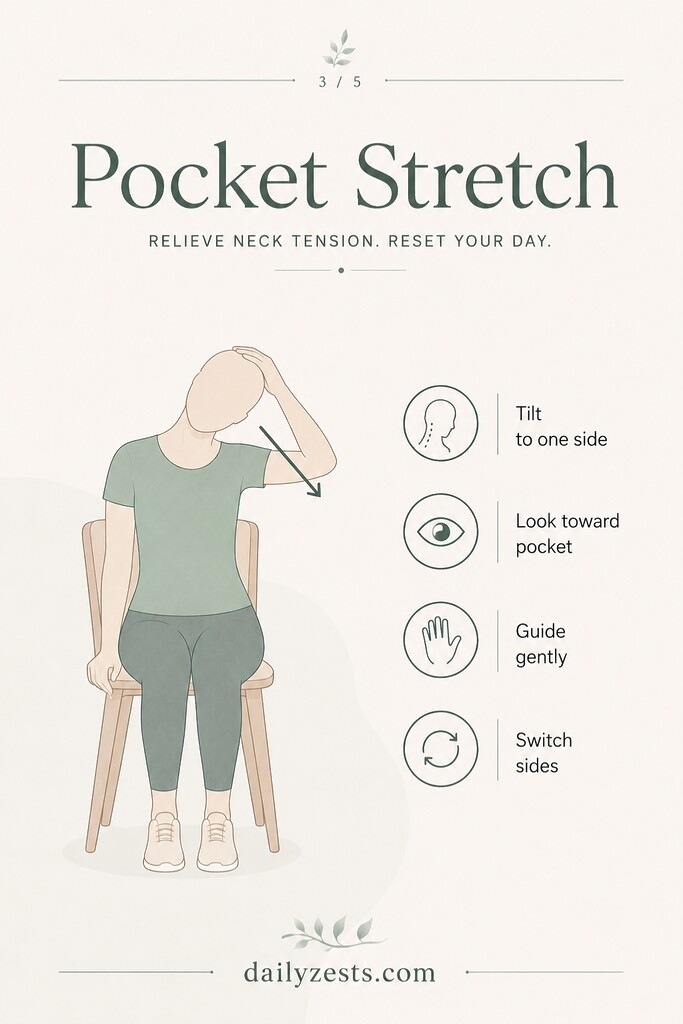 A seated person angles the head down toward the front pocket to stretch the levator scapulae muscle. 