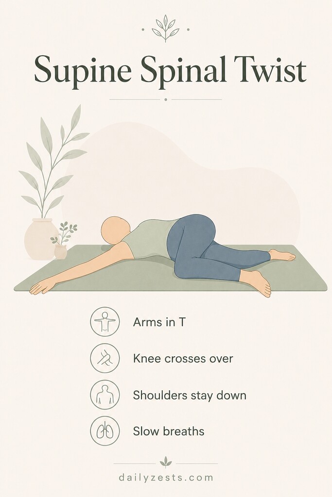 A faceless person doing a Supine Spinal Twist with one knee crossed over the body and both shoulders resting on the mat.