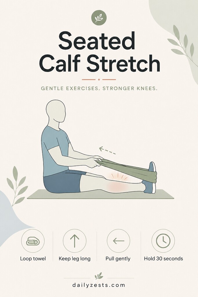 A person sits with one leg extended and uses a towel around the foot to demonstrate a seated calf stretch.