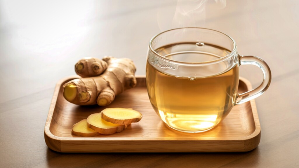 Sliced fresh ginger root on a wooden cutting board next to a steaming mug of ginger water