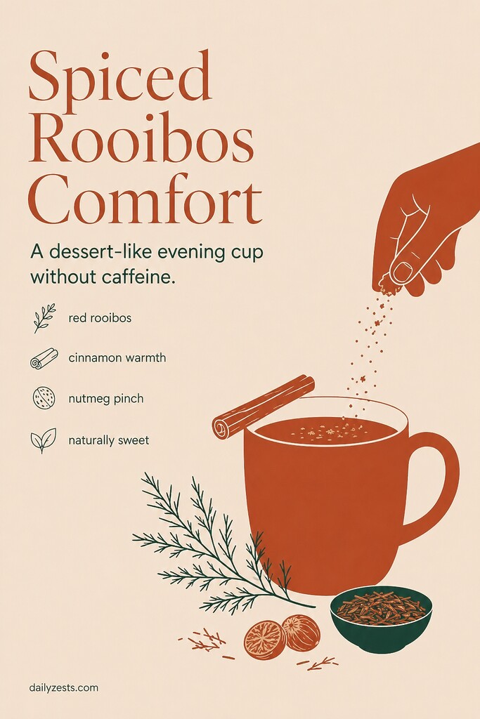 A warm spiced rooibos tea with cinnamon and nutmeg prepared as a caffeine-free evening comfort drink.
