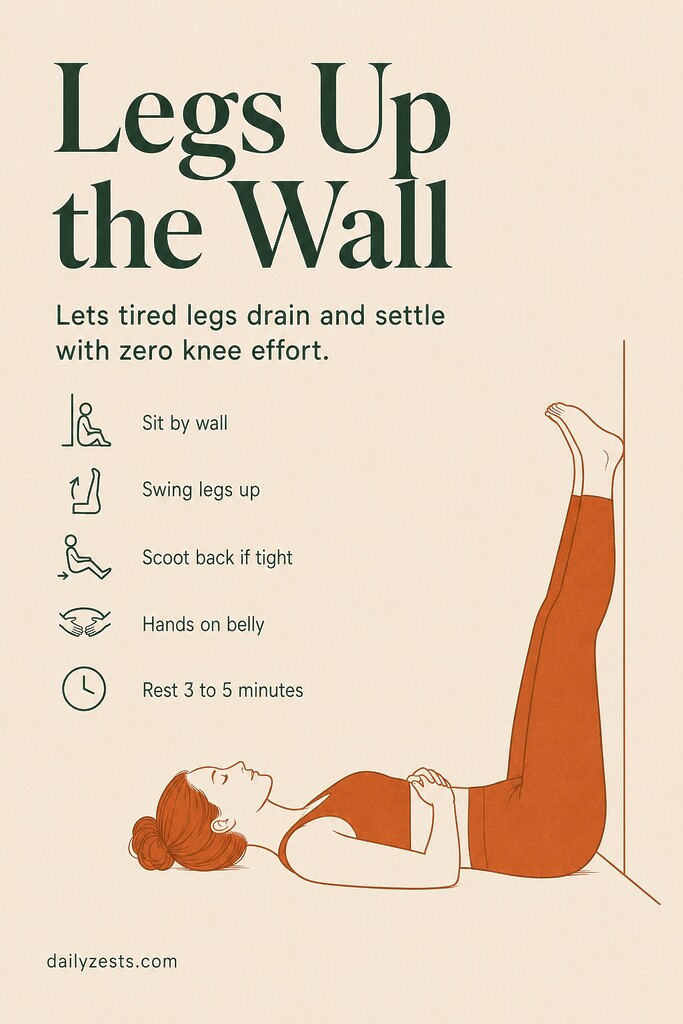 A person lies on the floor with legs resting up a wall in a calming restorative yoga pose for achy knees and tired legs.