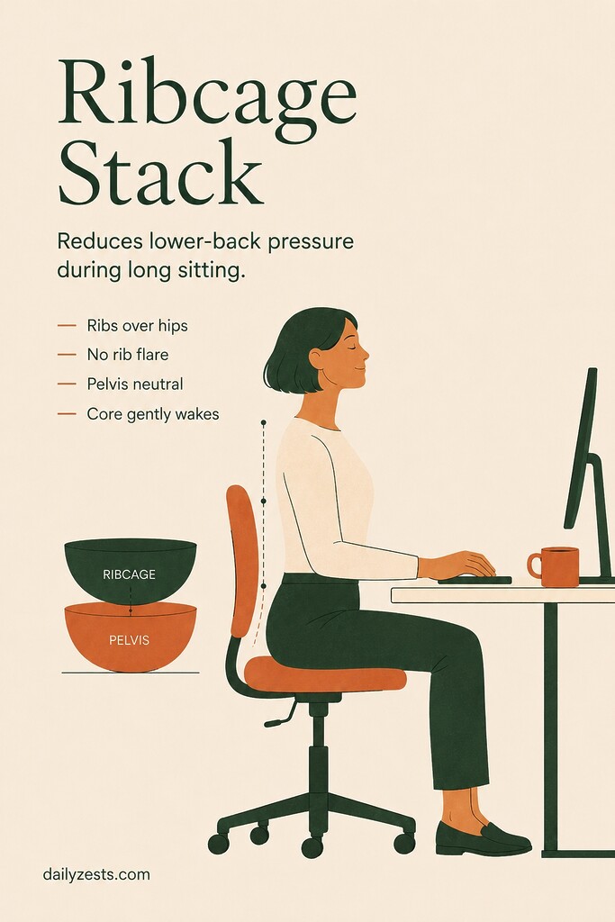 A person sitting in an office chair balances the ribcage over the pelvis with a neutral lower back to reduce pressure from long hours of sitting.