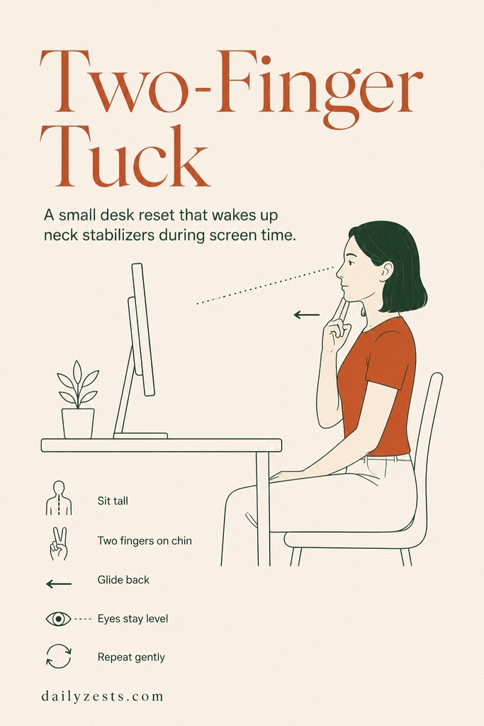 Woman at a desk using two fingers on her chin to practice a gentle resistance chin tuck for better screen posture.