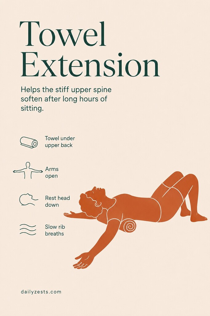 A person lies on the floor with a rolled towel under the upper back, arms open in a T shape for thoracic extension.