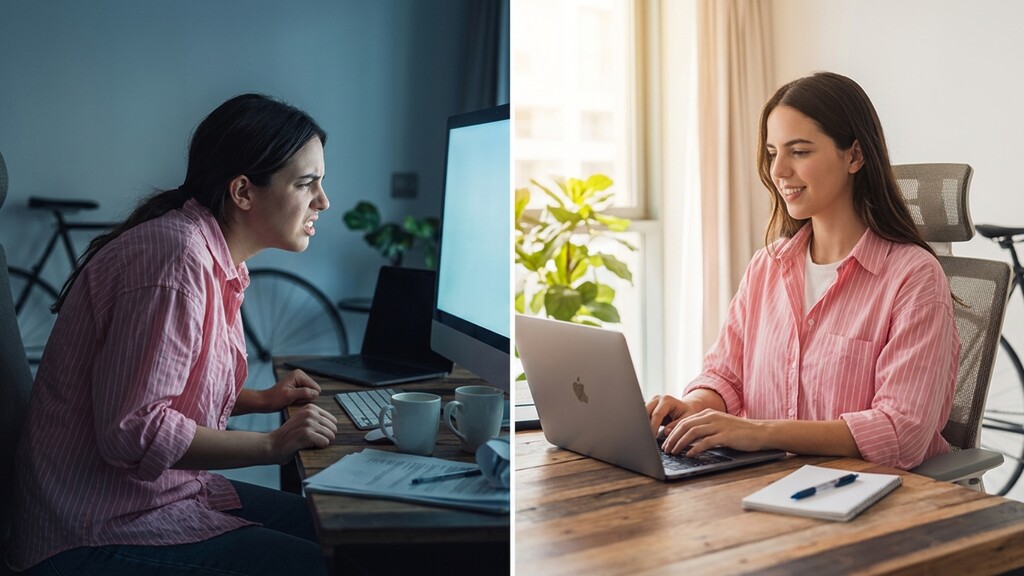 Split image showing a woman slouching over a desk with neck strain on the left and sitting upright with relaxed posture while working on a laptop on the right.