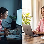 3 Simple Posture Checks You Can Do at Your Desk Every Hour Split image showing a woman slouching over a desk with neck strain on the left and sitting upright with relaxed posture while working on a laptop on the right.
