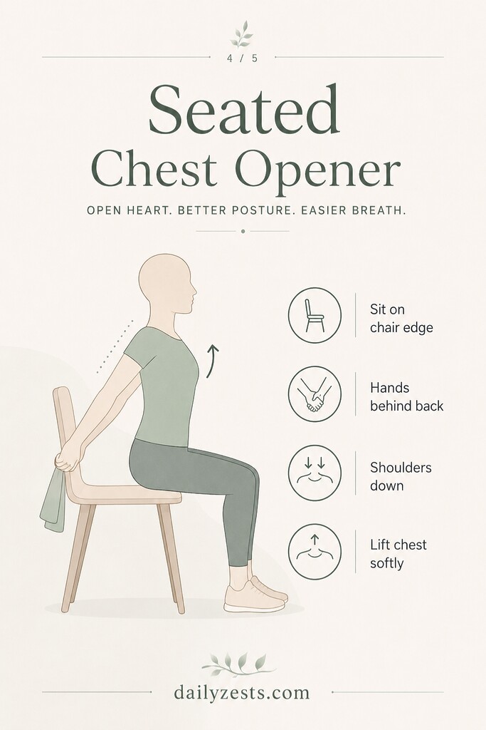  A seated person clasps the hands behind the back and opens the chest to release tight shoulders. 