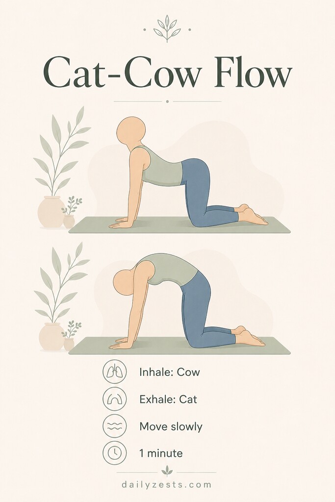 A faceless person moving between Cat Pose and Cow Pose on hands and knees to gently mobilize the spine and abdomen. 