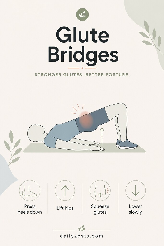 A person lies on a mat with knees bent and lifts the hips into a glute bridge for lower-body support.