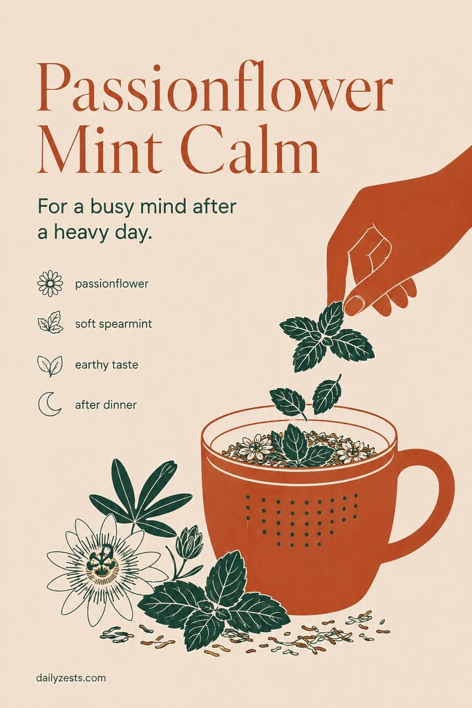A passionflower and spearmint tea blend shown with mint leaves and dried passionflower for calming a racing mind before bed.