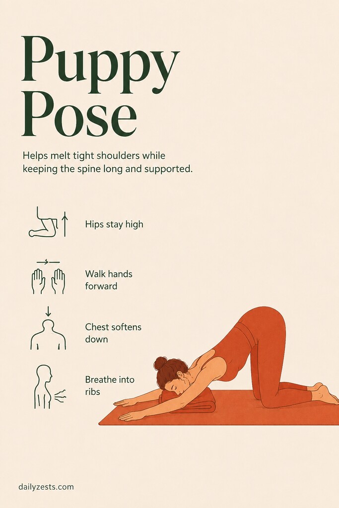 Person stretching into Puppy Pose with hips over knees, arms extended forward, and chest sinking toward the floor.