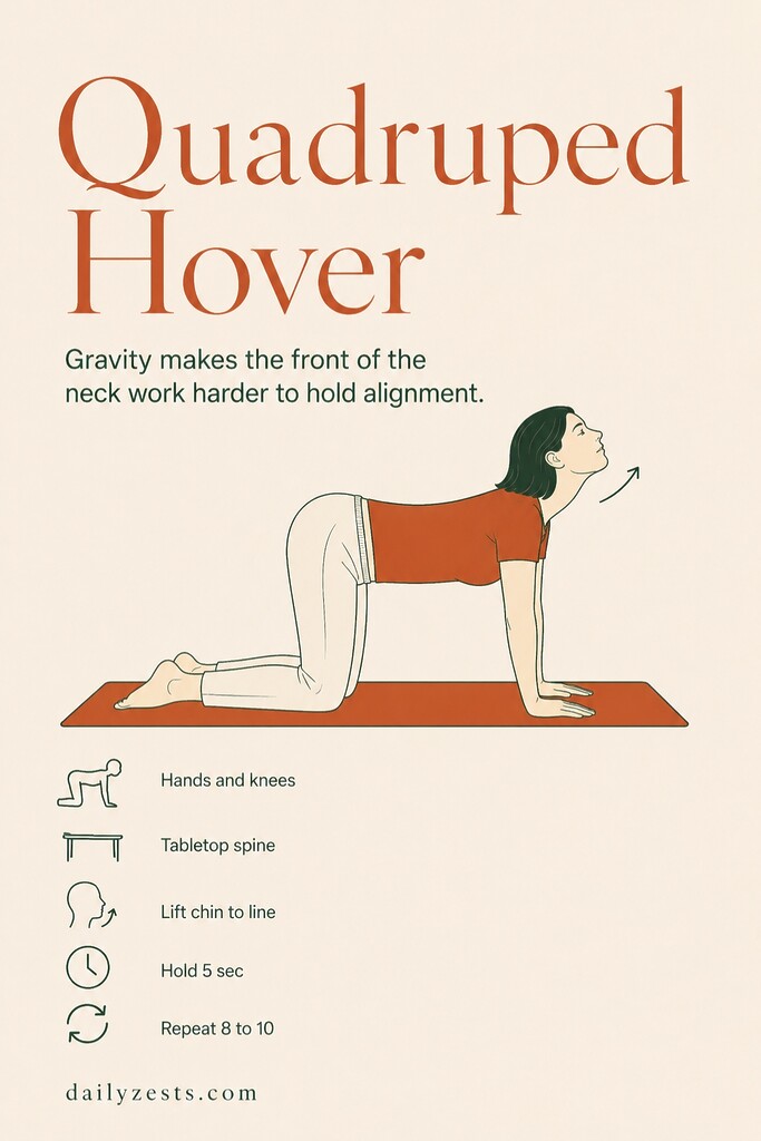 Woman on hands and knees performing a quadruped chin tuck hover with her neck aligned to her spine.