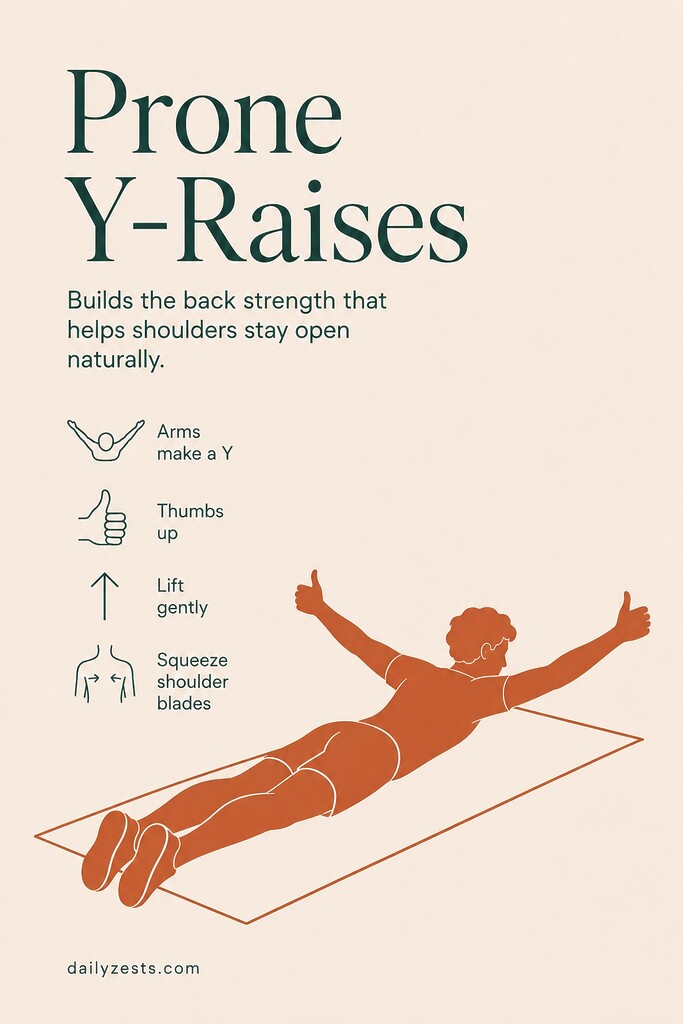 A person lies face down performing prone Y-raises with arms lifted in a Y shape to strengthen posture muscles.