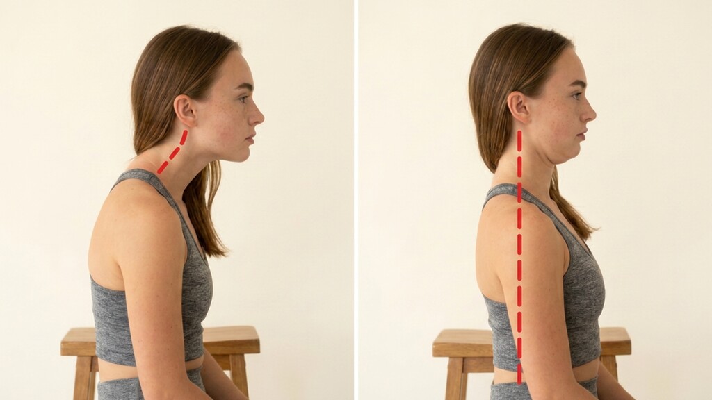 Split comparison showing a woman with forward head posture on the left and improved upright neck alignment on the right, marked with red dashed posture guide lines.