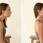 Split comparison showing a woman with forward head posture on the left and improved upright neck alignment on the right, marked with red dashed posture guide lines.