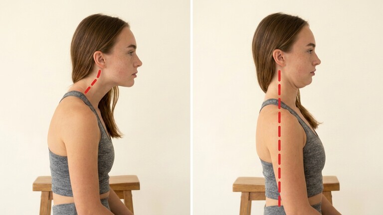 Split comparison showing a woman with forward head posture on the left and improved upright neck alignment on the right, marked with red dashed posture guide lines.