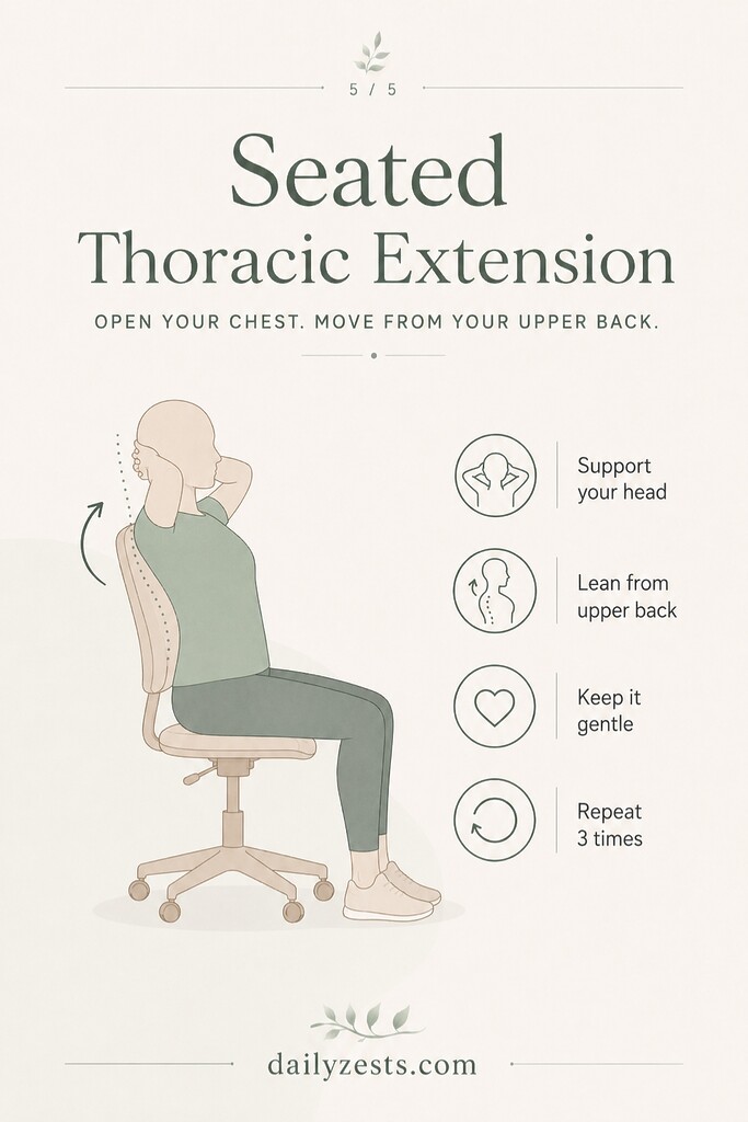 A seated person supports the head with both hands and gently extends the upper back over a chair. 