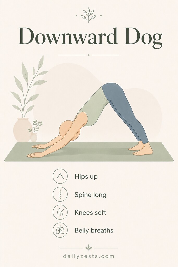 A faceless person in Downward-Facing Dog with hips lifted high and knees softly bent to create space through the torso.