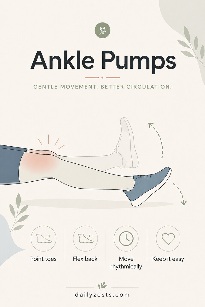 A close-up illustration shows a foot pointing and flexing to demonstrate ankle pumps for lower-leg circulation.