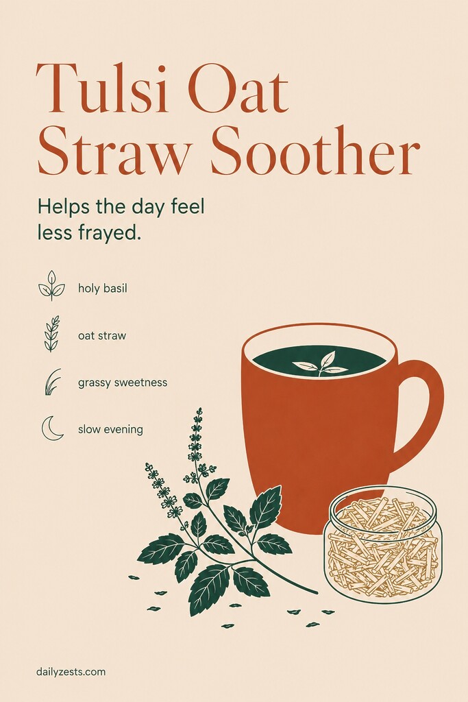 A holy basil and oat straw tea blend in a mug with dried tulsi leaves and pale oat straw for nervous system support after stress.