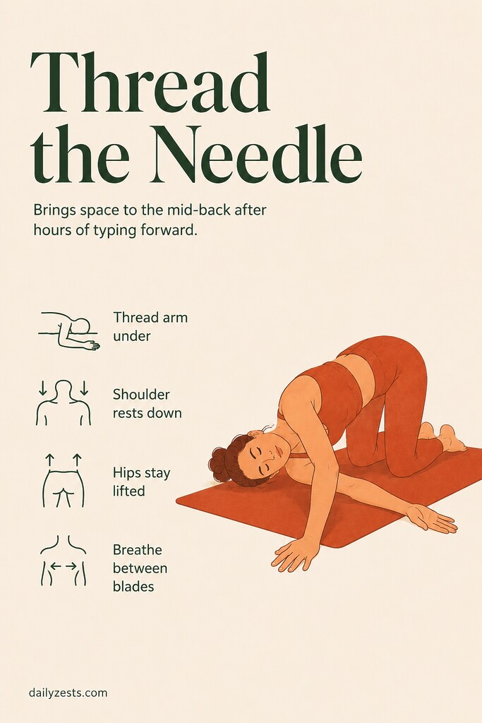 Woman practicing Thread the Needle yoga stretch with one arm reaching under the body to rotate the upper back.