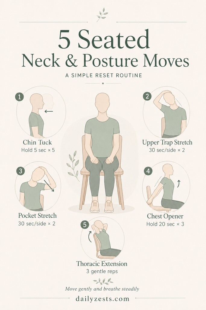 An infographic titled 5 Desk Stretches for Tech Neck Relief listing the chin tuck, ear-to-shoulder release, pocket stretch, chest opener, and chair spine extension.