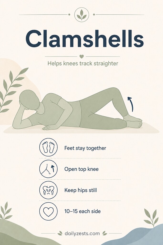 Person lying on their side opening the top knee for a clamshell hip strengthening exercise.