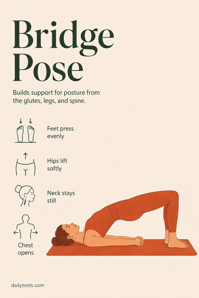 Person holding Bridge Pose on a yoga mat, lifting the hips while keeping feet grounded and chest open.