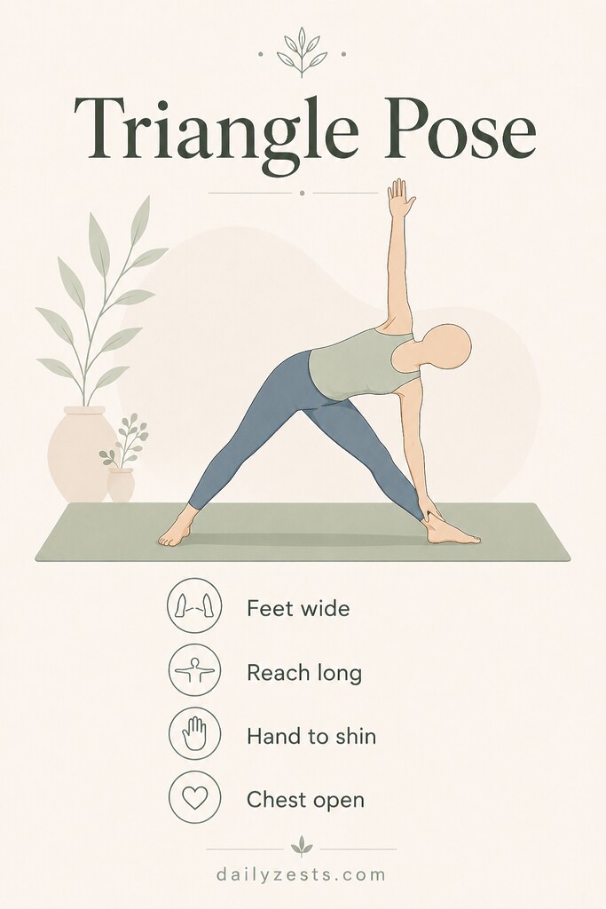 A faceless person in Triangle Pose with one hand on the shin and the other arm reaching upward to stretch the side waist.