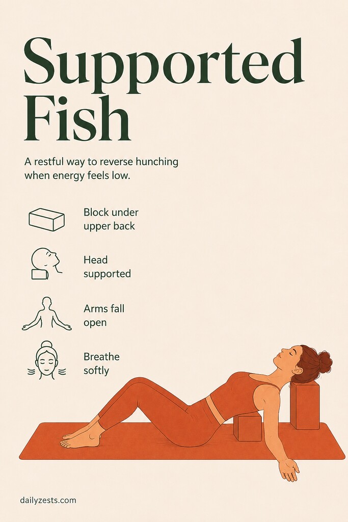 Woman resting in Supported Fish Pose over yoga blocks with arms relaxed outward to open the chest.
