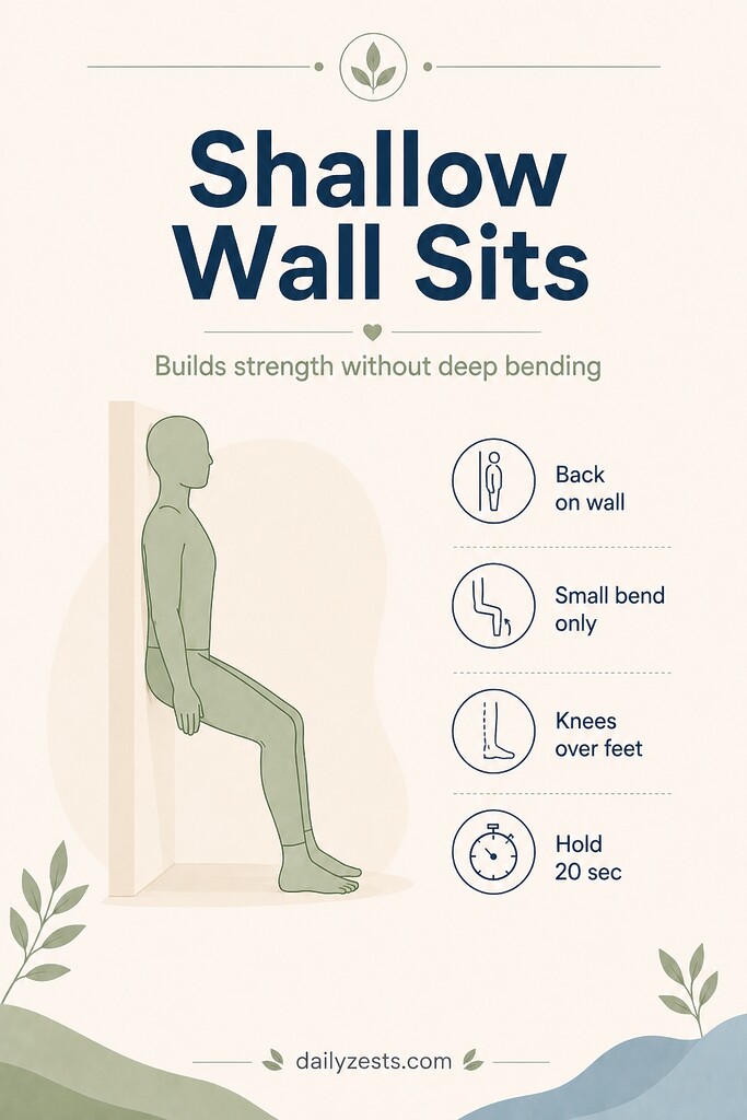 Person leaning against a wall in a shallow wall sit to build knee and quadriceps stability