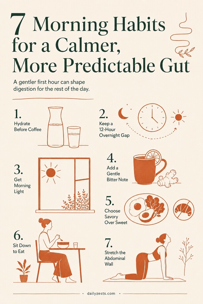 Editorial illustration summarizing seven morning habits for better digestion, including drinking water before coffee, waiting 12 hours overnight, getting morning light, adding lemon or ginger, choosing a savory breakfast, sitting down to eat, and gentle stretching.
