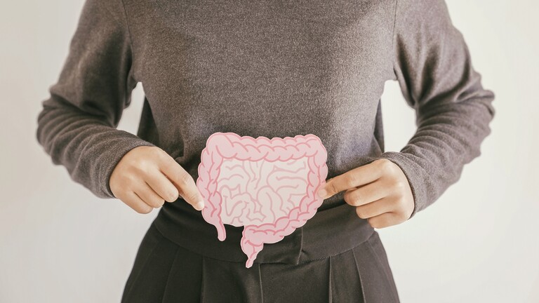 Person pointing to a pink digestive system illustration over their abdomen, highlighting gut health and digestion.